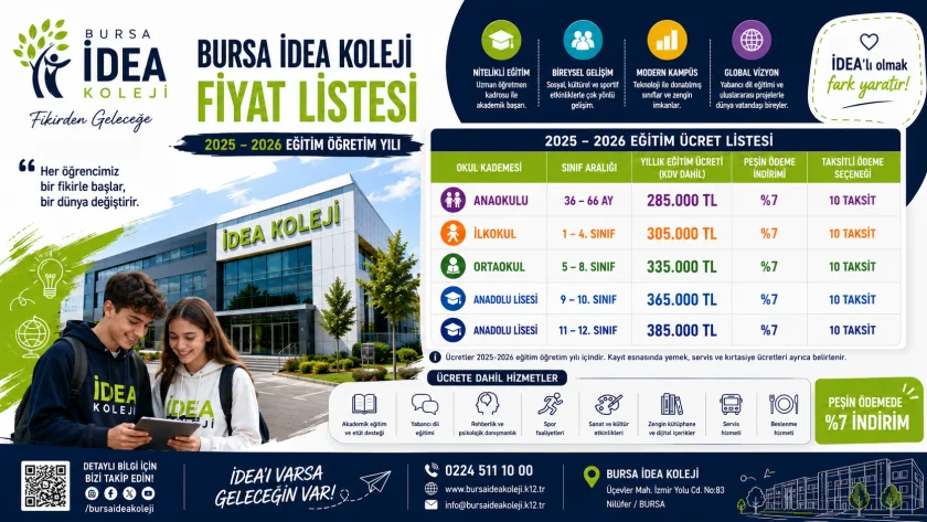 Bursa İdea Koleji Fiyat Listesi 2026-2027: Ücretler ve Burslar